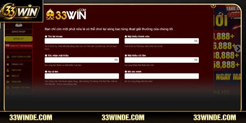 Giao diện đăng ký tài khoản chơi chính thức tại nhà cái 33WIN